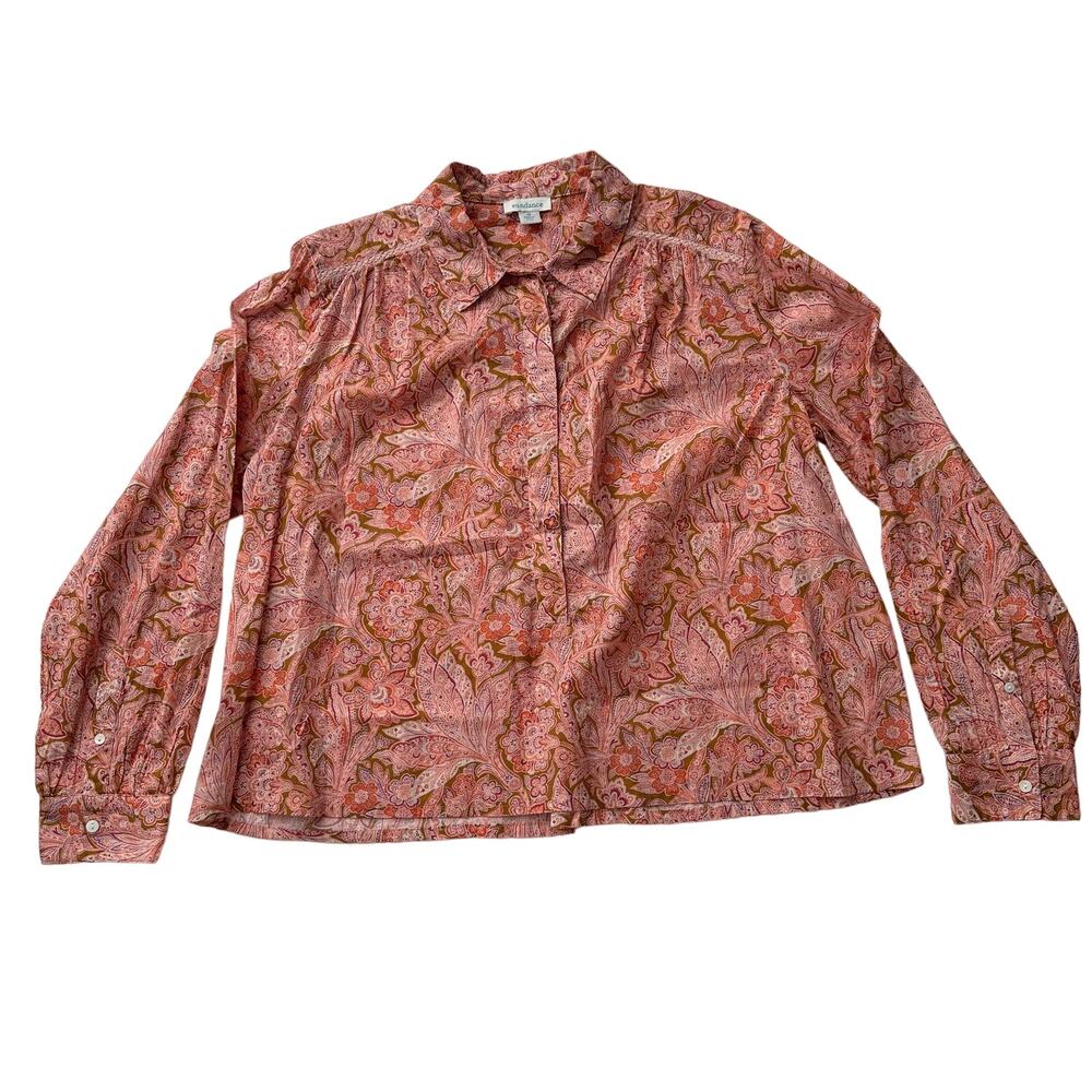 Sundance EUC Cotton Poplin Floral Lace Trim 1/2 Placket Popover Pink Blouse M